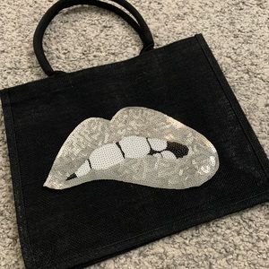 Black jute tote silver lips